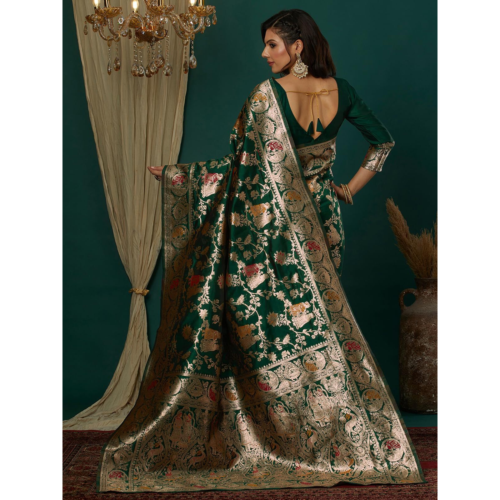 Satrani Womens Silk Blend Weaving Banarasi Saree With Unstitched Blouse Piece (4100S735N_Dark Green1)