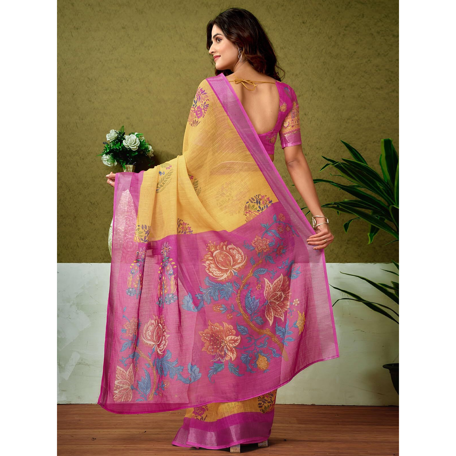 Satrani Womens Linen Zari Border Printed Ready To Wear One Minute Pre Pleated Readymade Saree With Unstitched Blouse Piece (33Rs320N_Yellow & Pink)