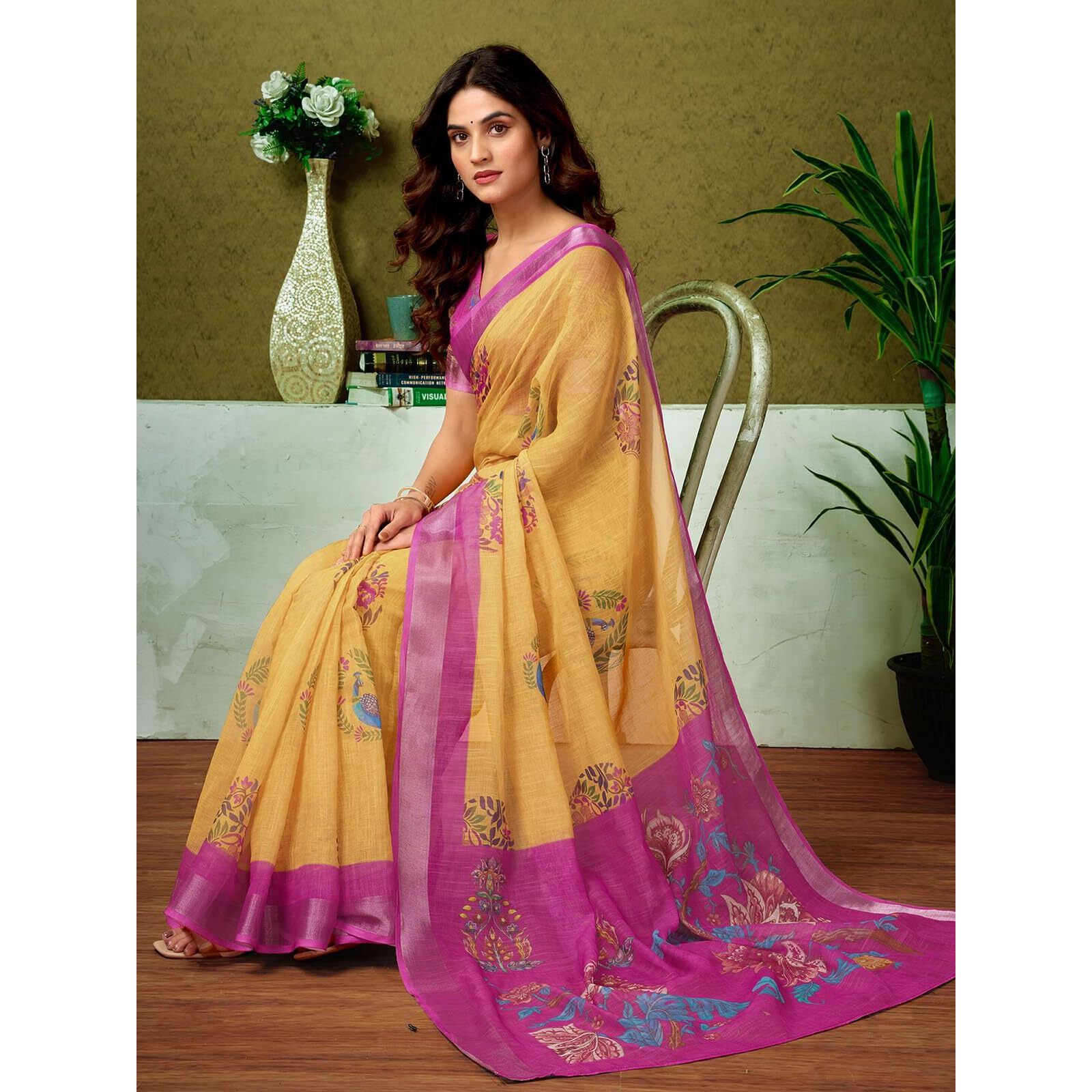 Satrani Womens Linen Zari Border Printed Ready To Wear One Minute Pre Pleated Readymade Saree With Unstitched Blouse Piece (33Rs320N_Yellow & Pink)