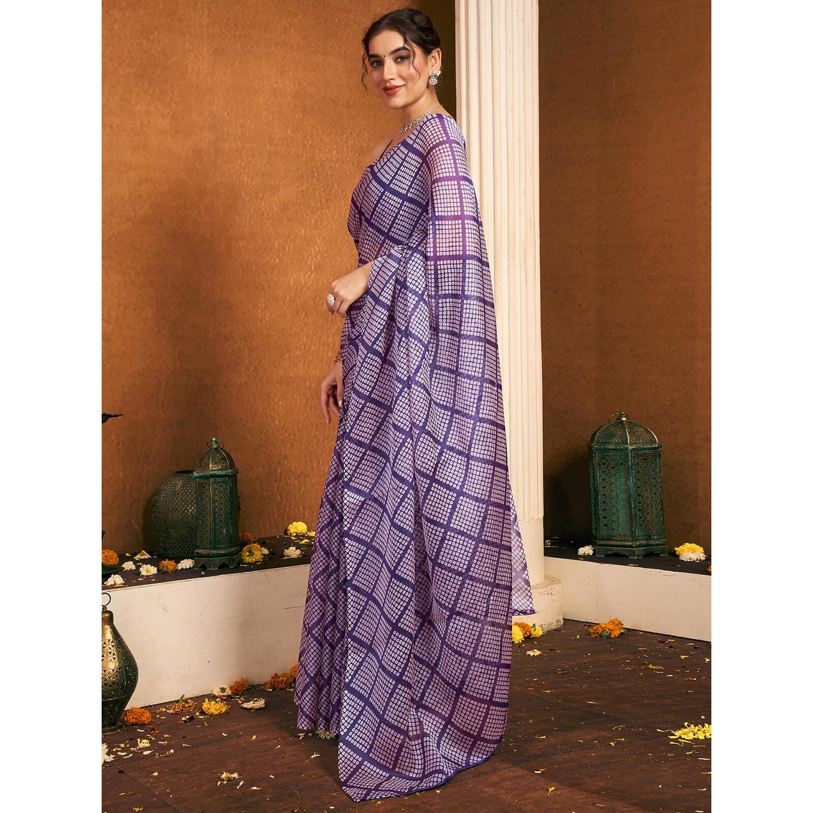 Satrani Womens Chiffon Bandhani Printed Saree With Unstitched Blouse Piece (4053S139N_Dark Purple & White)