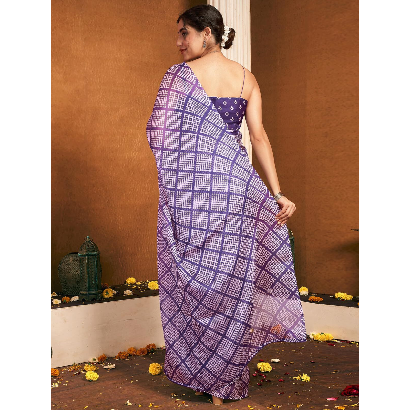 Satrani Womens Chiffon Bandhani Printed Saree With Unstitched Blouse Piece (4053S139N_Dark Purple & White)