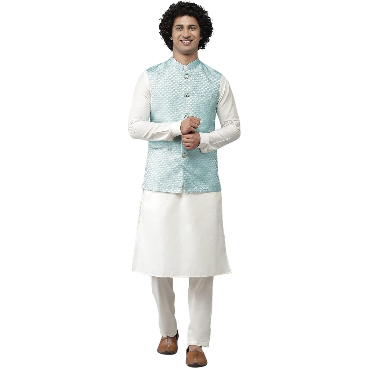 See Designs Men Sky Blue & White Solid Kurta Pyjamas With Nehru Jacket