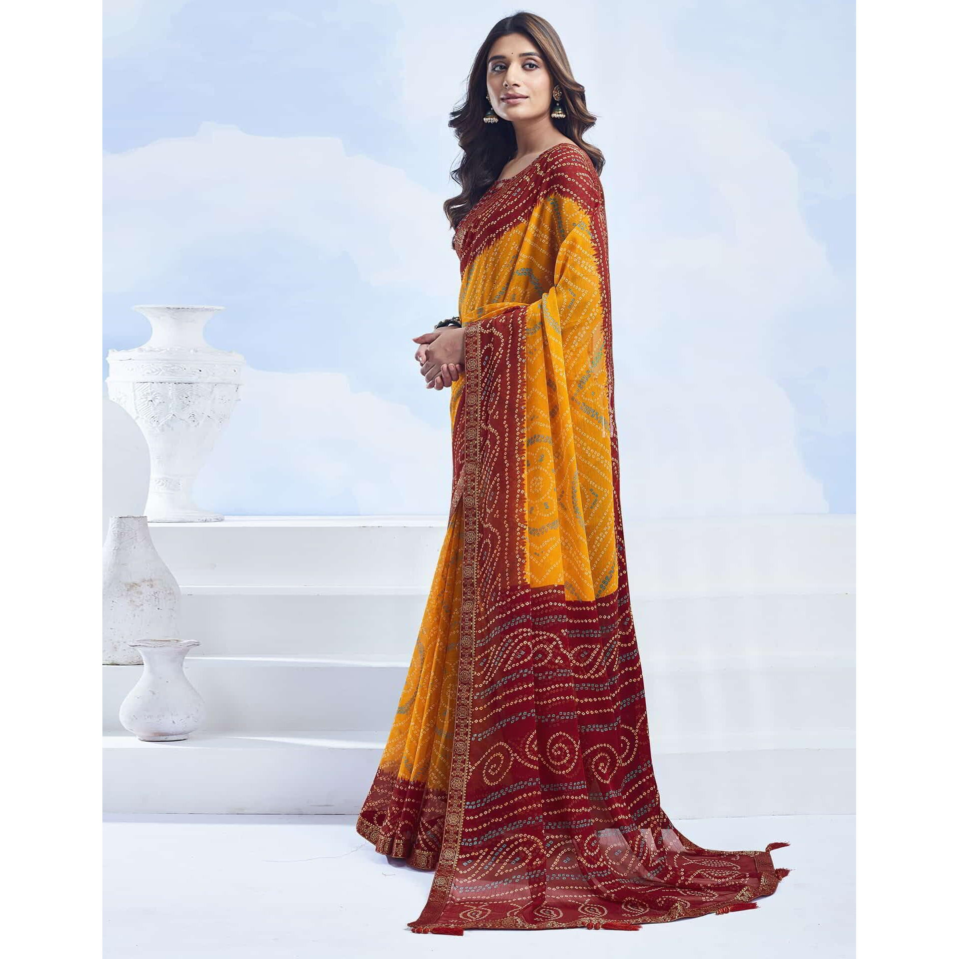 Shiv Textiles Womens Chiffon Bandhani Printed & Lace Border Saree(Sat-545S-111)