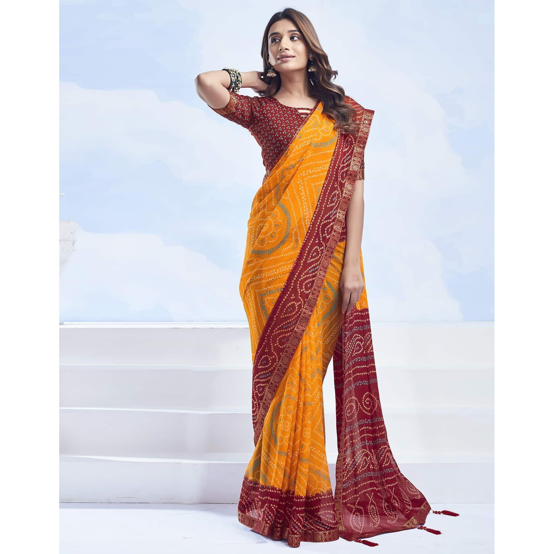 Shiv Textiles Womens Chiffon Bandhani Printed & Lace Border Saree(Sat-545S-111)