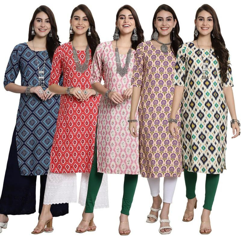 Pinkmint Crepe Printed Kurti For Womens College Wear Kurti Festival Wear Kurti For Women (Pack Of 5)