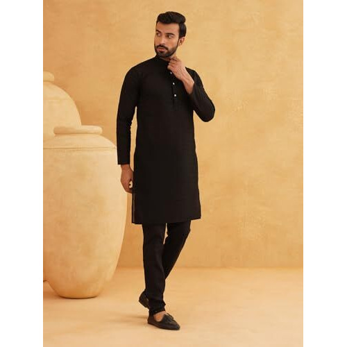 Sojanya (Since 1958 Mens Ethnic Motifs Embroidered Thread Work Pure Cotton Black Straight Kurta With Churidar