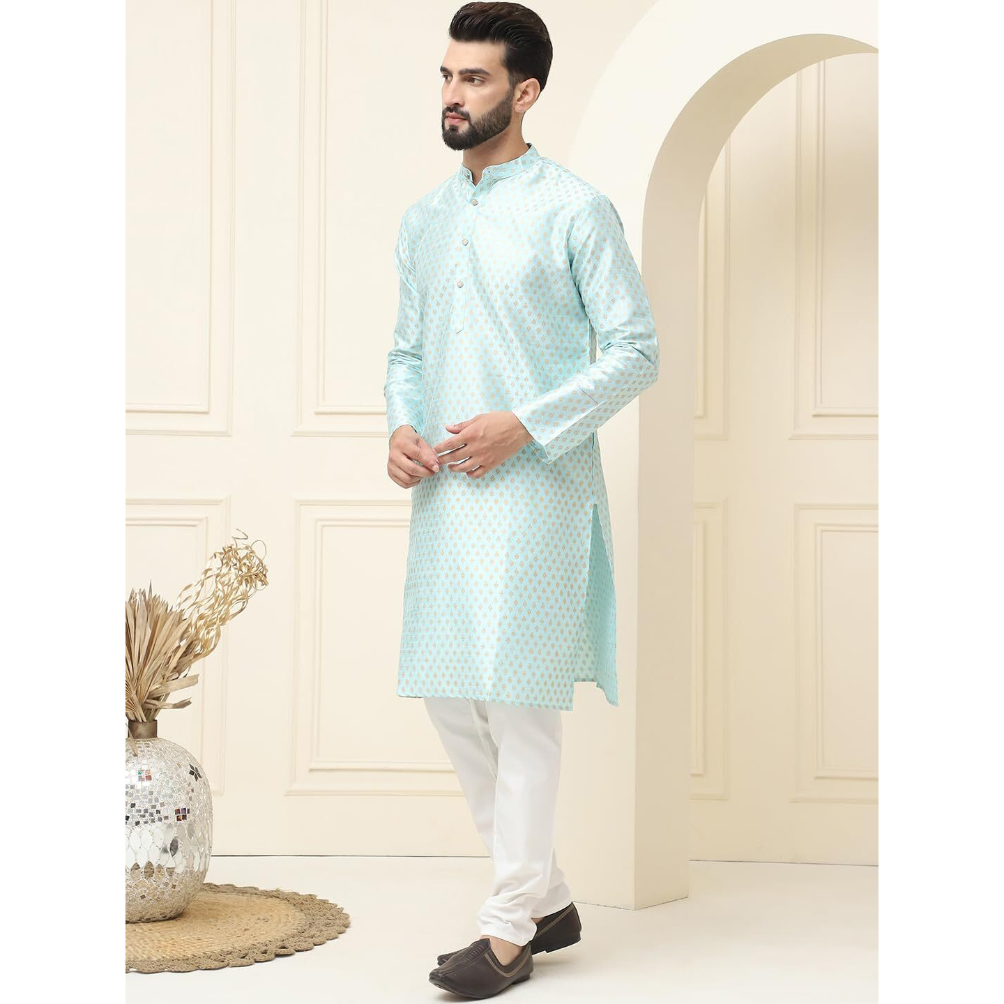 Sojanya (Since 1958 Mens Silk Blend Sky Blue Self Design Kurta With Off White Pyjama Set