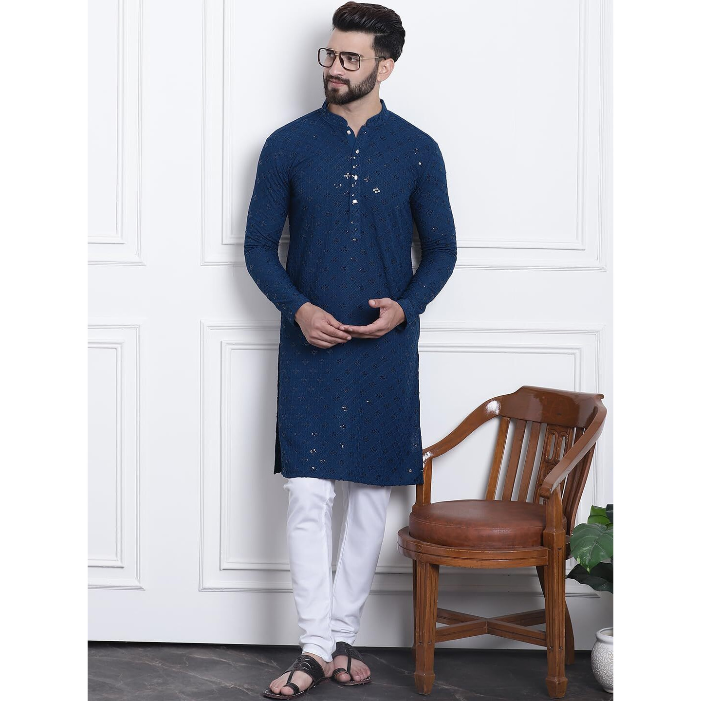 Sojanya (Since 1958 Mens Pure Cotton Teal Blue Sequence Kurta & White Pyjama Set