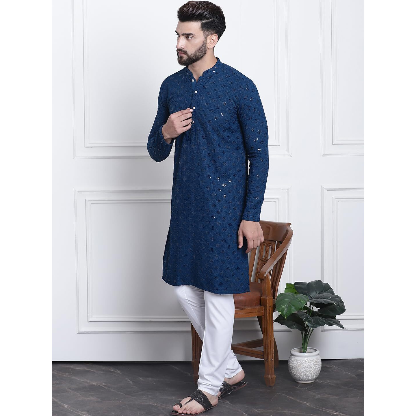 Sojanya (Since 1958 Mens Pure Cotton Teal Blue Sequence Kurta & White Pyjama Set
