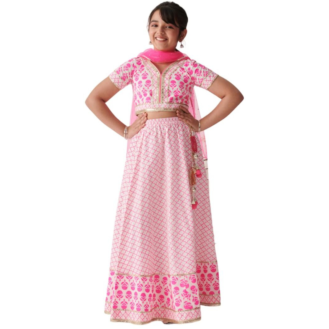 Pspeaches Girls Cotton 1 Lehenga, 1 Choli, 1 Dupatta (L-Pinkwtbooti-13- Pink_13-14Y)