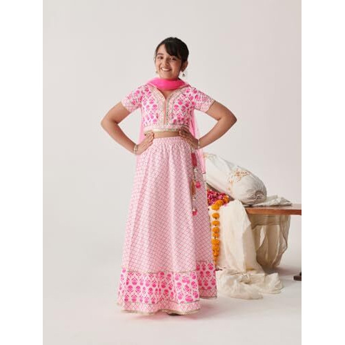 Pspeaches Girls Cotton 1 Lehenga, 1 Choli, 1 Dupatta (L-Pinkwtbooti-13- Pink_13-14Y)