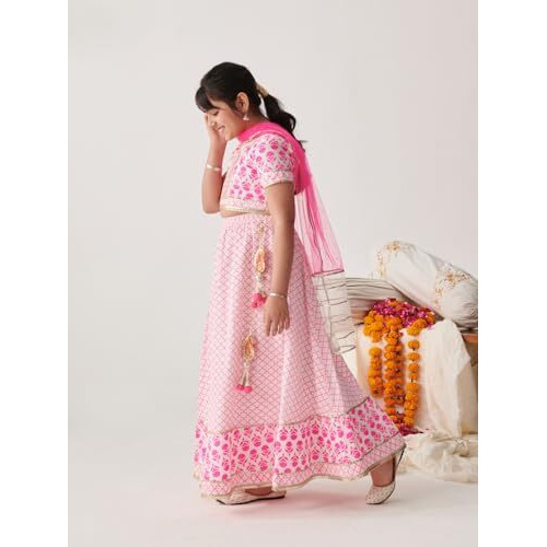 Pspeaches Girls Cotton 1 Lehenga, 1 Choli, 1 Dupatta (L-Pinkwtbooti-13- Pink_13-14Y)