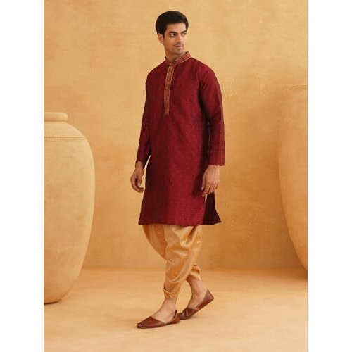 Sojanya (Since 1958 Mens Silk Blend Paisley Maroon Kurta With Gold Dhoti Set