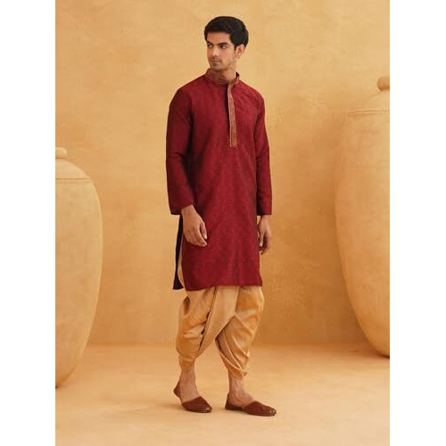 Sojanya (Since 1958 Mens Silk Blend Paisley Maroon Kurta With Gold Dhoti Set