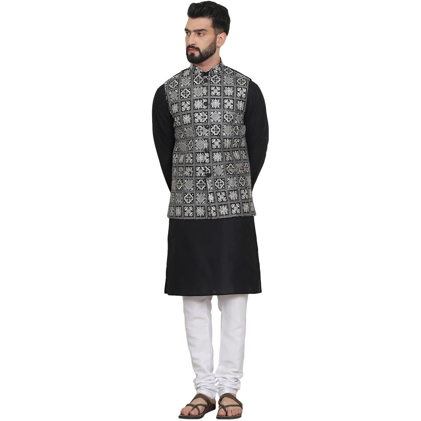 Sojanya (Since 1958 Mens Cotton Solid Black Kurta And White Pyjama With Embroidered Black Nehru Jacket