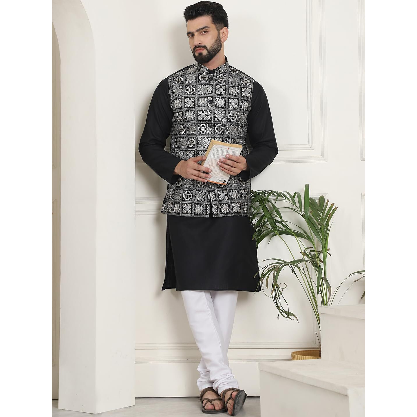 Sojanya (Since 1958 Mens Cotton Solid Black Kurta And White Pyjama With Embroidered Black Nehru Jacket