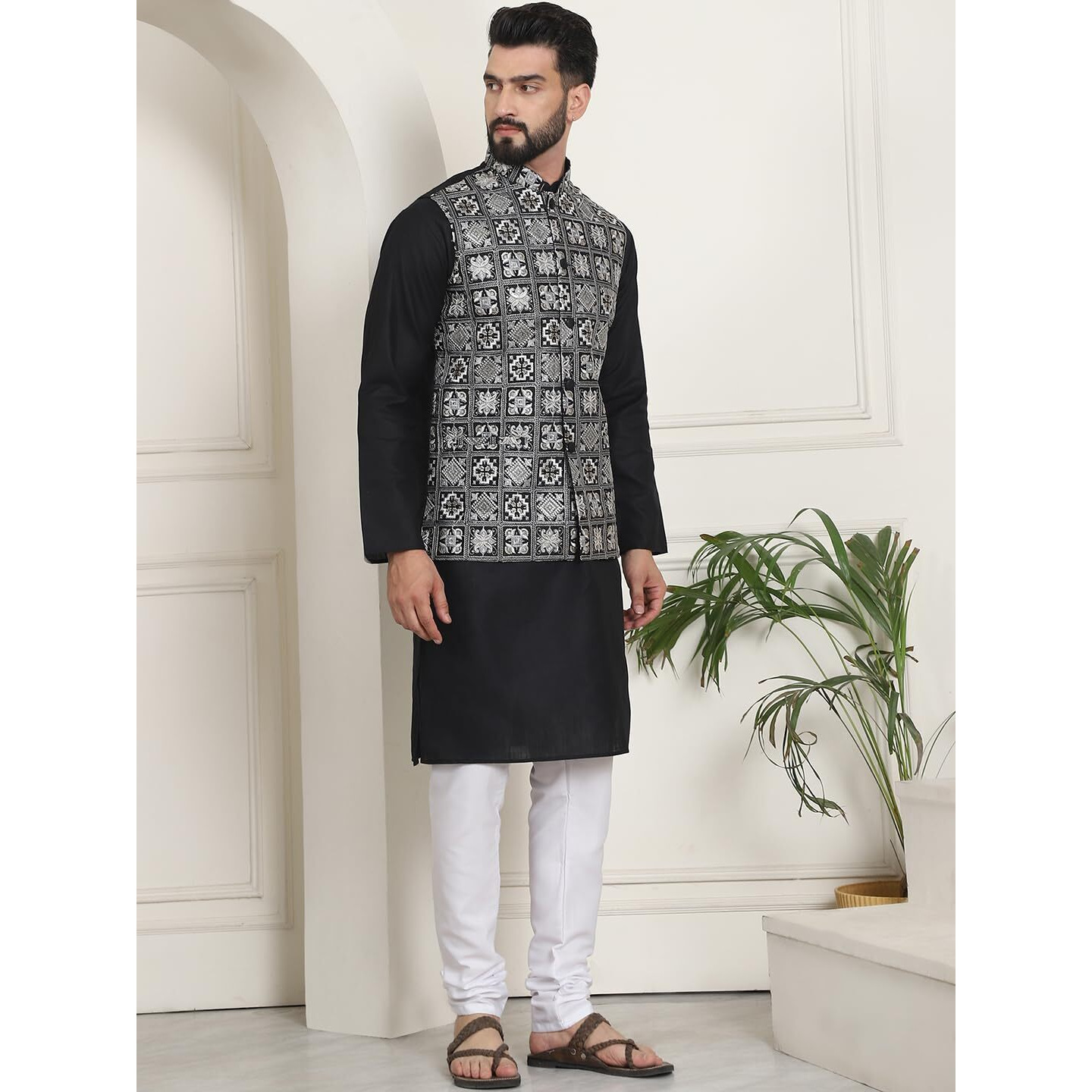 Sojanya (Since 1958 Mens Cotton Solid Black Kurta And White Pyjama With Embroidered Black Nehru Jacket