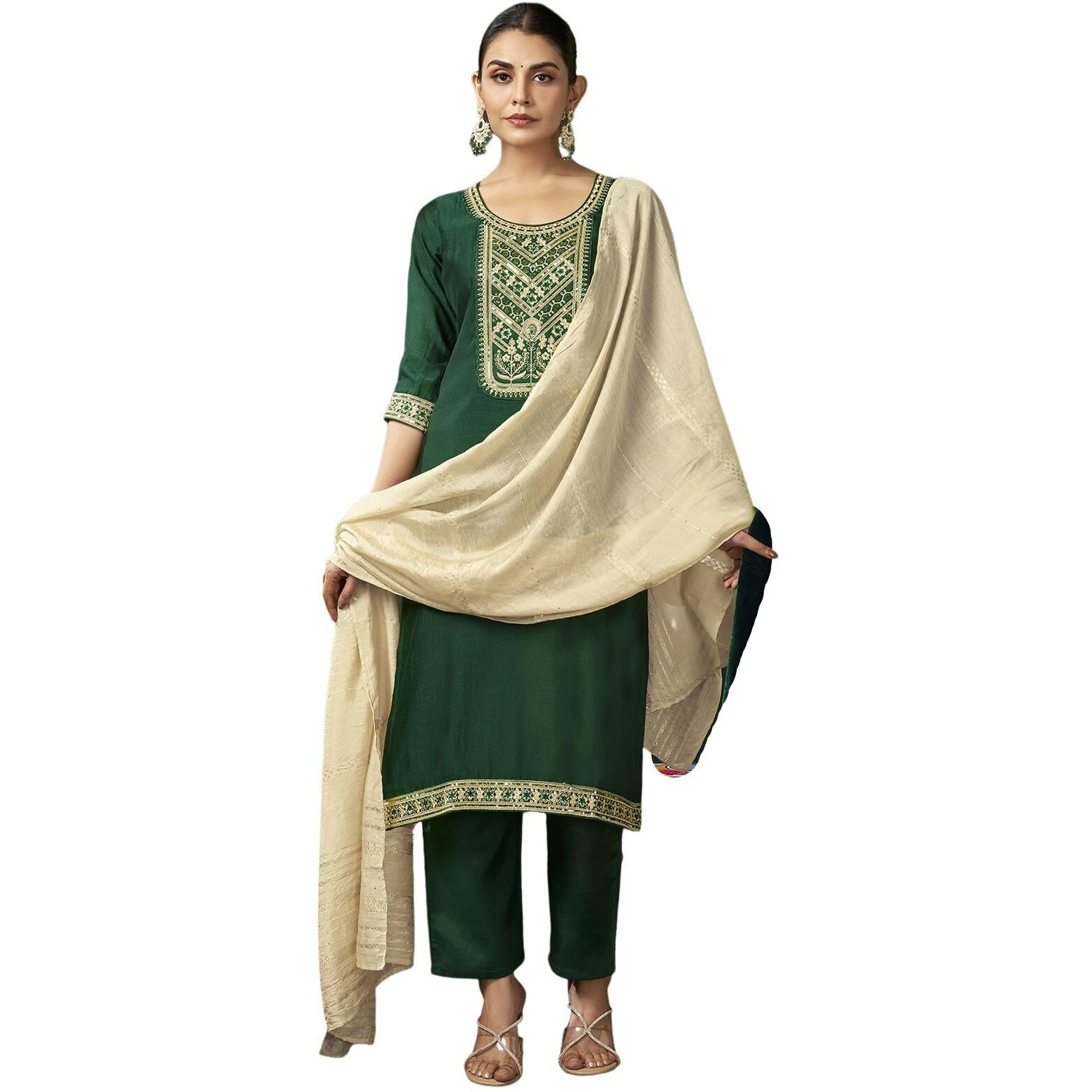 Sanisa Womens Vichitra Silk Sequins And Embroidery Work Straight Kurta With Pant And Dupatta Set (225Kbd2381N-Xl_Dark Green1)