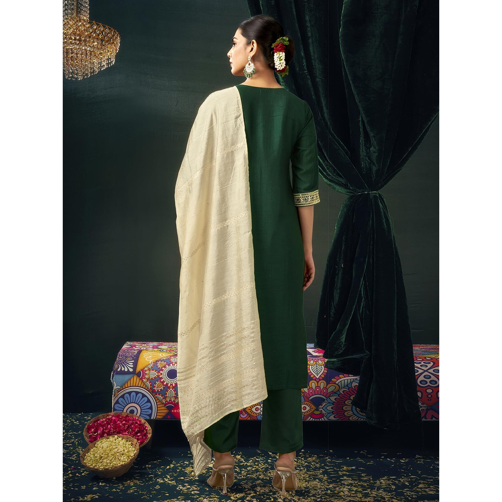 Sanisa Womens Vichitra Silk Sequins And Embroidery Work Straight Kurta With Pant And Dupatta Set (225Kbd2381N-Xl_Dark Green1)