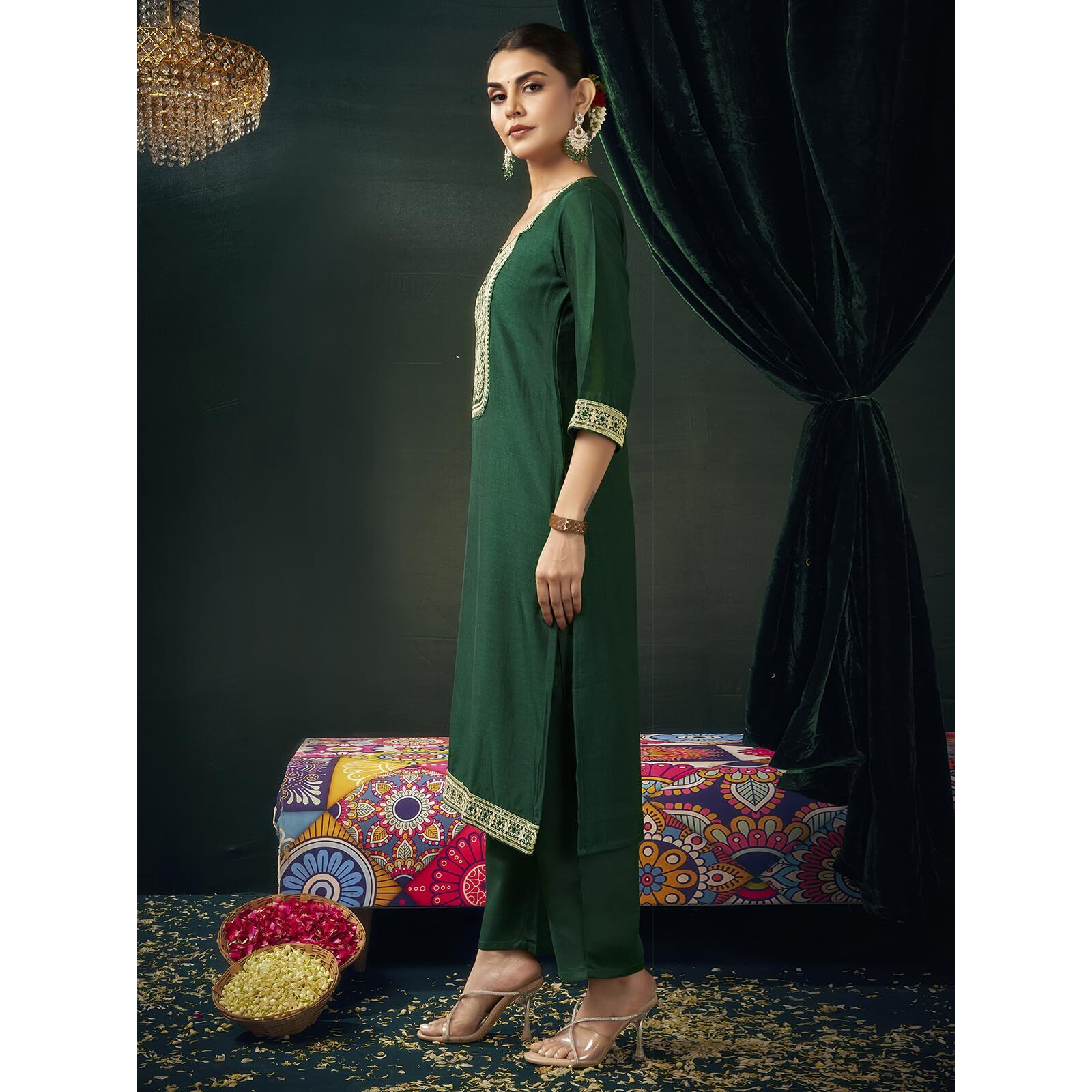 Sanisa Womens Vichitra Silk Sequins And Embroidery Work Straight Kurta With Pant And Dupatta Set (225Kbd2381N-Xl_Dark Green1)
