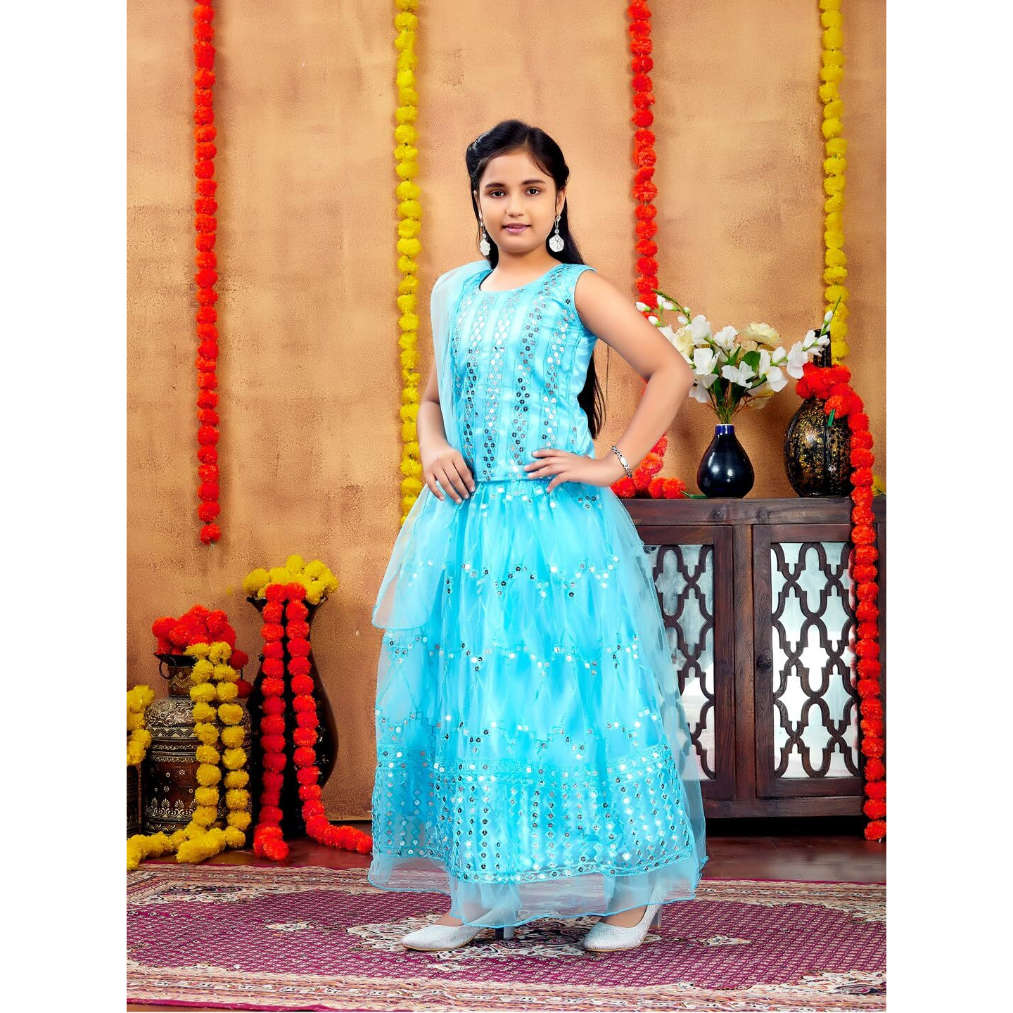 Aarika Girls Ethnic Wear Firozi Colour Sequin Embroidery Net Lehenga Choli Set (4-10 Years)