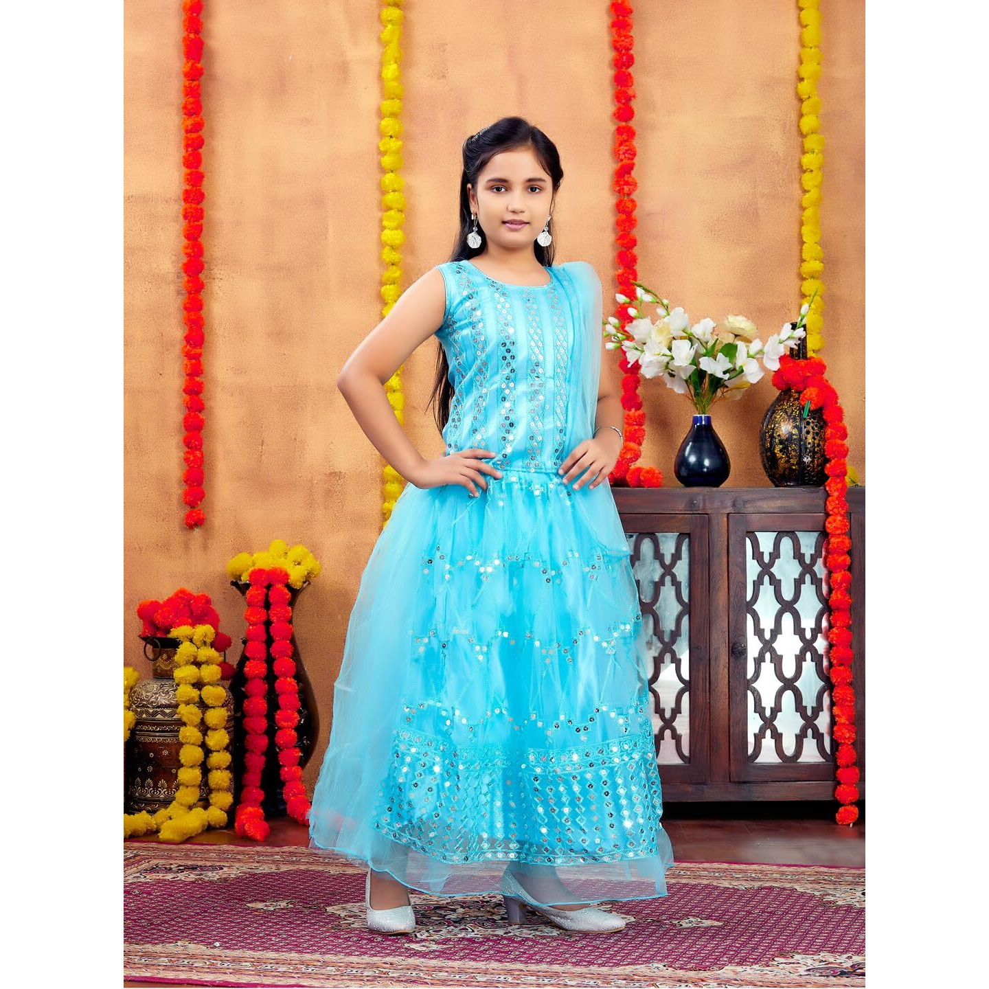 Aarika Girls Ethnic Wear Firozi Colour Sequin Embroidery Net Lehenga Choli Set (4-10 Years)