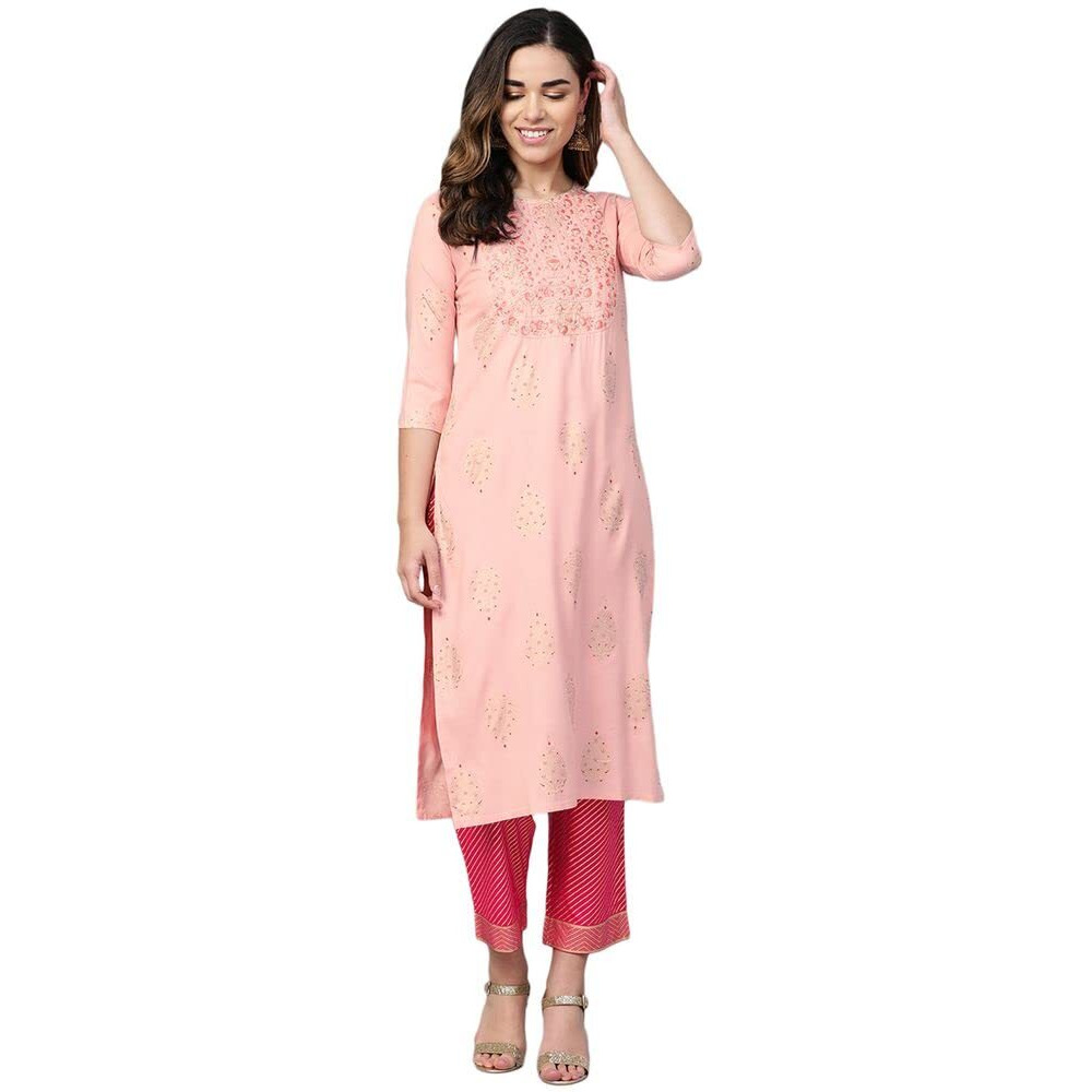 Anubhutee Womens Rayon Peach Ethnic Motifs Printed Straight Kurta Suit Set With Pants