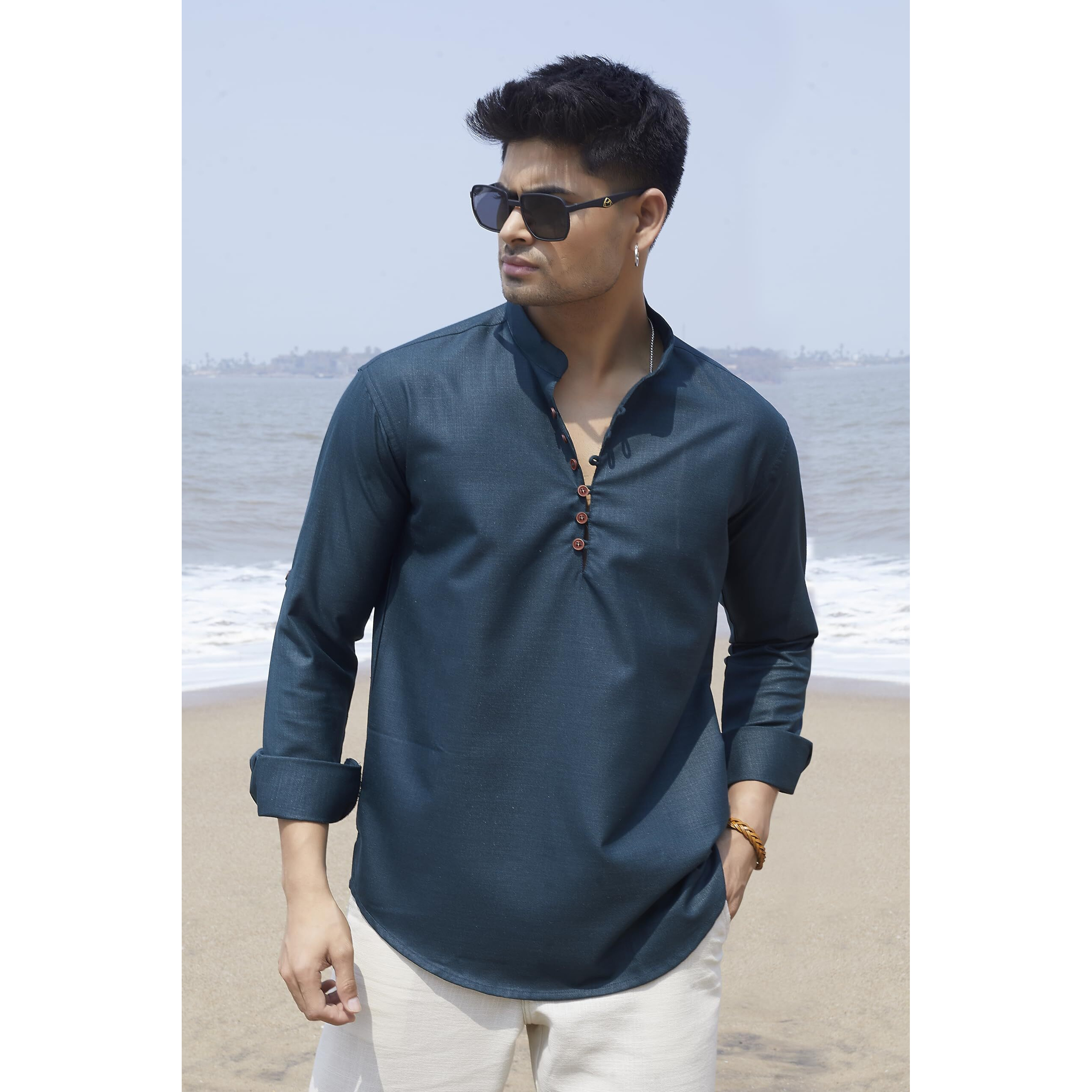 Divisive Mens Cotton Relaxed Fit Short Kurta (Dkrt1067_M_Green)