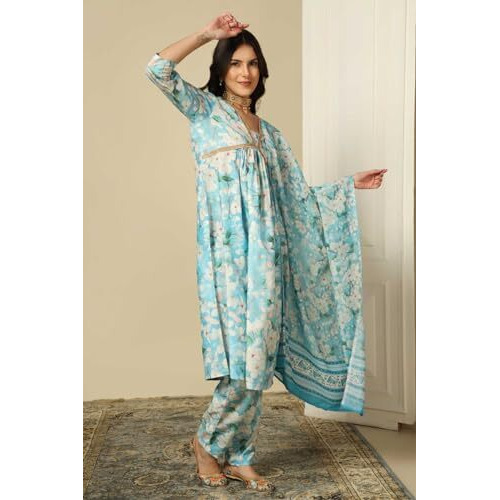 Greciilooks Women Semi Cotton Alia Cut Regular Fit Kurta Set (Sky Blue, Small)