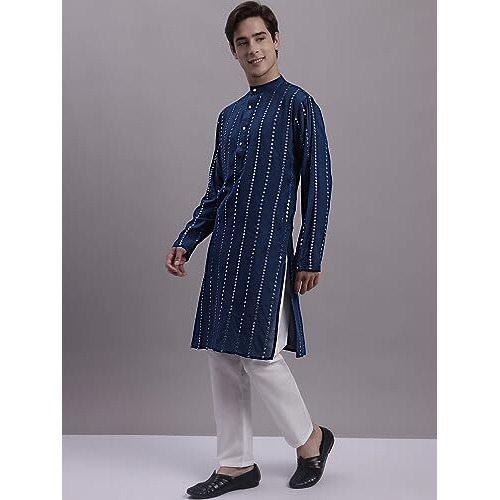 Jompers Mens Embroidered Mirror Work Kurta Pyjama Set (Peacock, Xl)