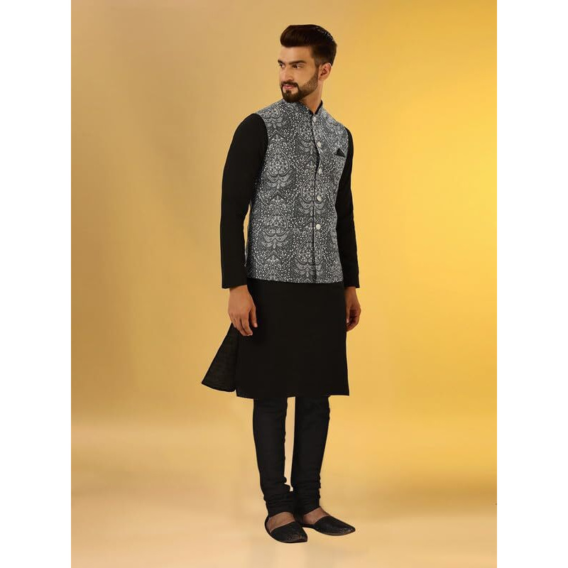 Kisah Mens Kurta Jacket Churidar Set, Black Cotton Blend, Printed Regular Fit Long Sleeves Mandarin Collar (M)