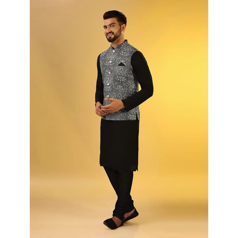 Kisah Mens Kurta Jacket Churidar Set, Black Cotton Blend, Printed Regular Fit Long Sleeves Mandarin Collar (M)