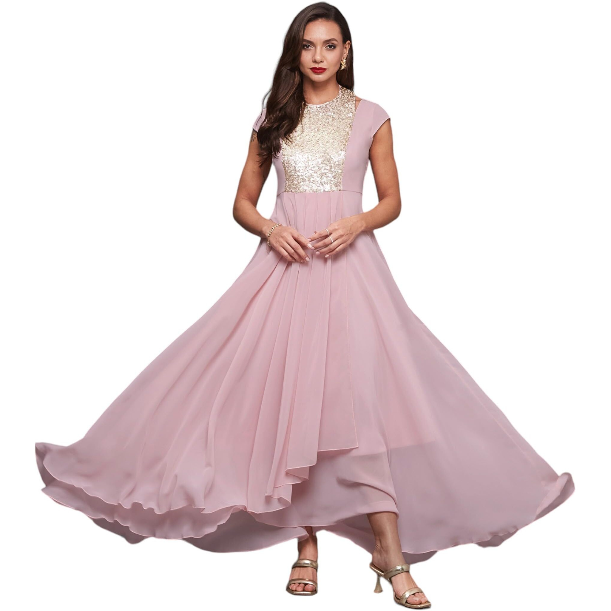 Miss Chase Womens Round Neck Cap Sleeve Solid Embellished Maxi Dress With Pockets (Mcaw21D99-57-234-03, Dusty Pink, S)