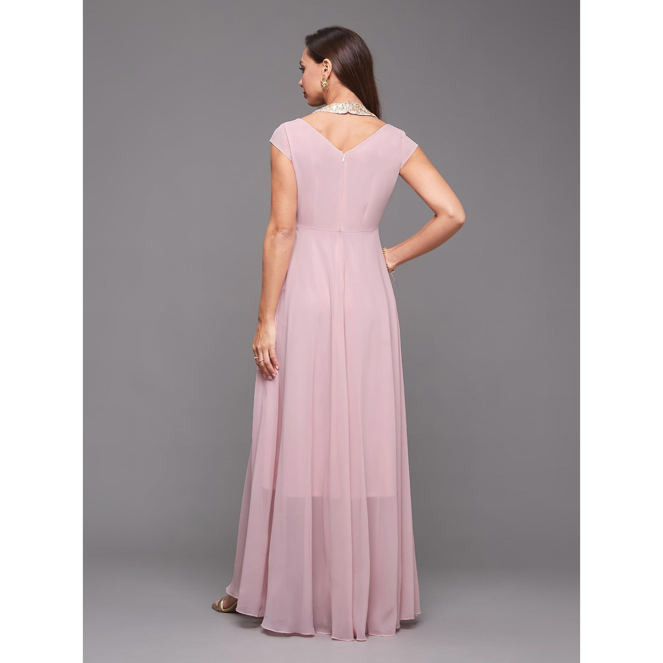 Miss Chase Womens Round Neck Cap Sleeve Solid Embellished Maxi Dress With Pockets (Mcaw21D99-57-234-03, Dusty Pink, S)