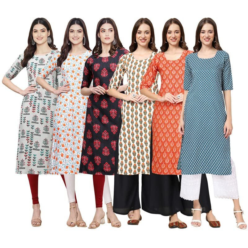 Pinkmint Womens Crepe Digital Print Straight Kurta [Pack Of 6](Qv-340-334-345-352-354-351-S)