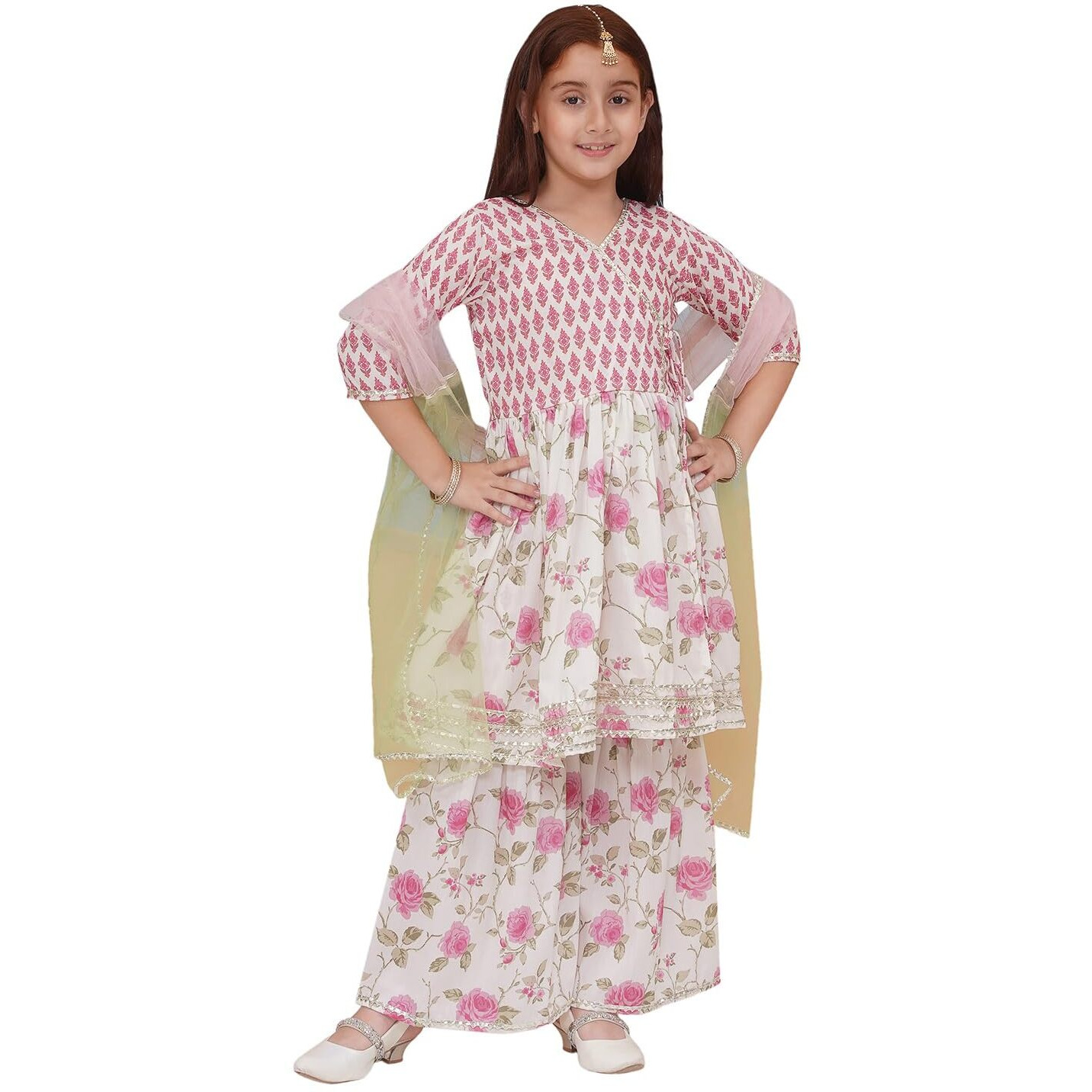 Preneum Girls's Cotton Rayon Floral Printed Angrakha Kurta With Sharara & Dupatta, Off White, 5-6 Years