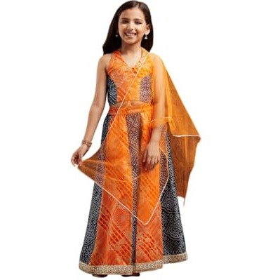 Pspeaches Girls Silk Blend Lehenga Choli (L-Orangebluebandhni-7- Orange_7-8Y)