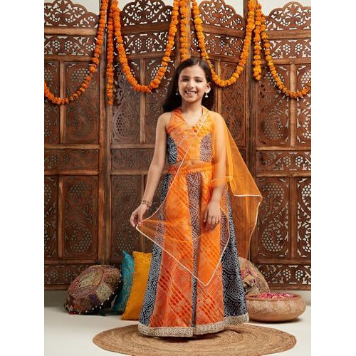 Pspeaches Girls Silk Blend Lehenga Choli (L-Orangebluebandhni-7- Orange_7-8Y)