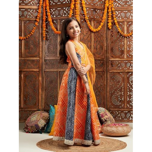 Pspeaches Girls Silk Blend Lehenga Choli (L-Orangebluebandhni-7- Orange_7-8Y)