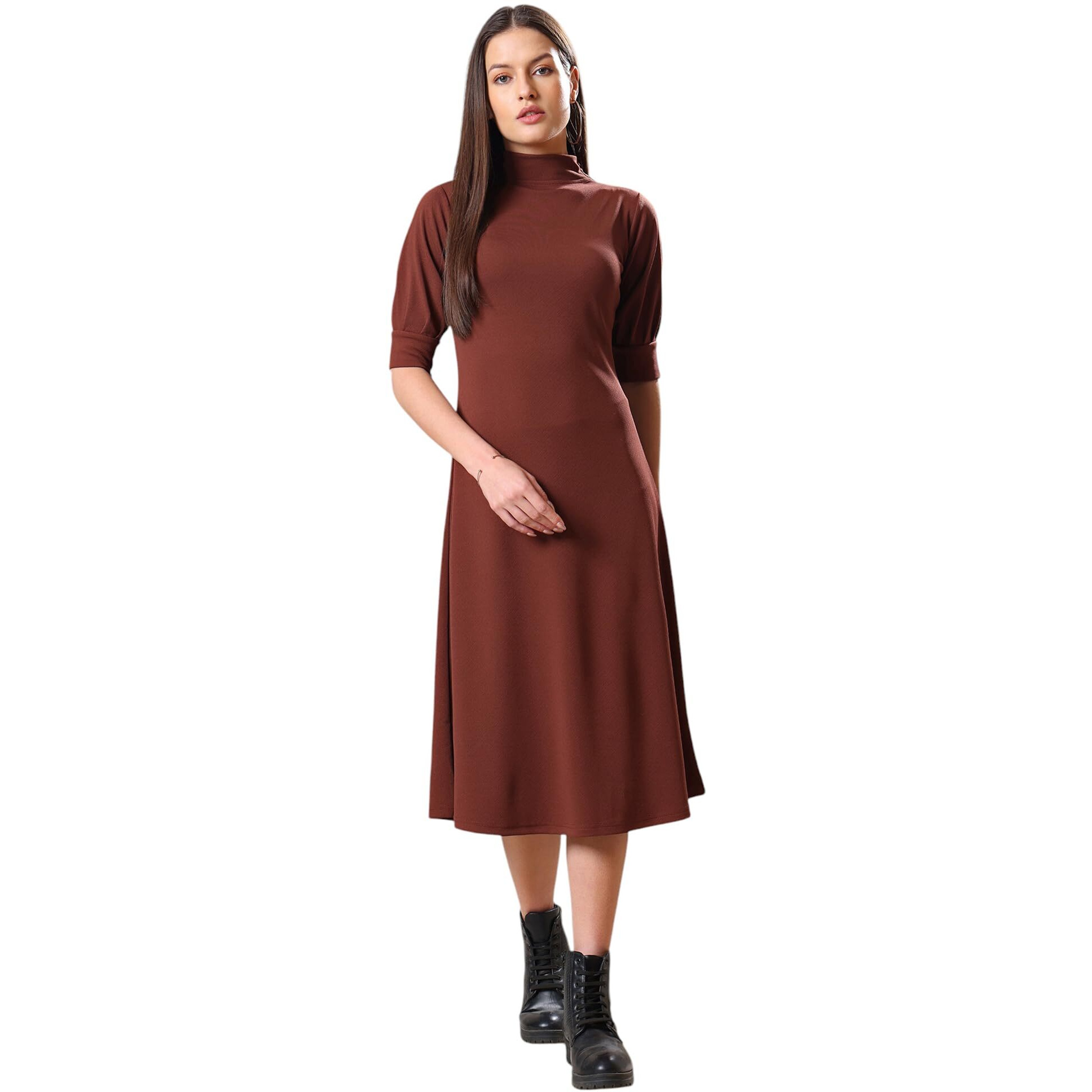 Purvaja Womens A-Line Knee Length Dress (Bely-129_Brown_Medium)