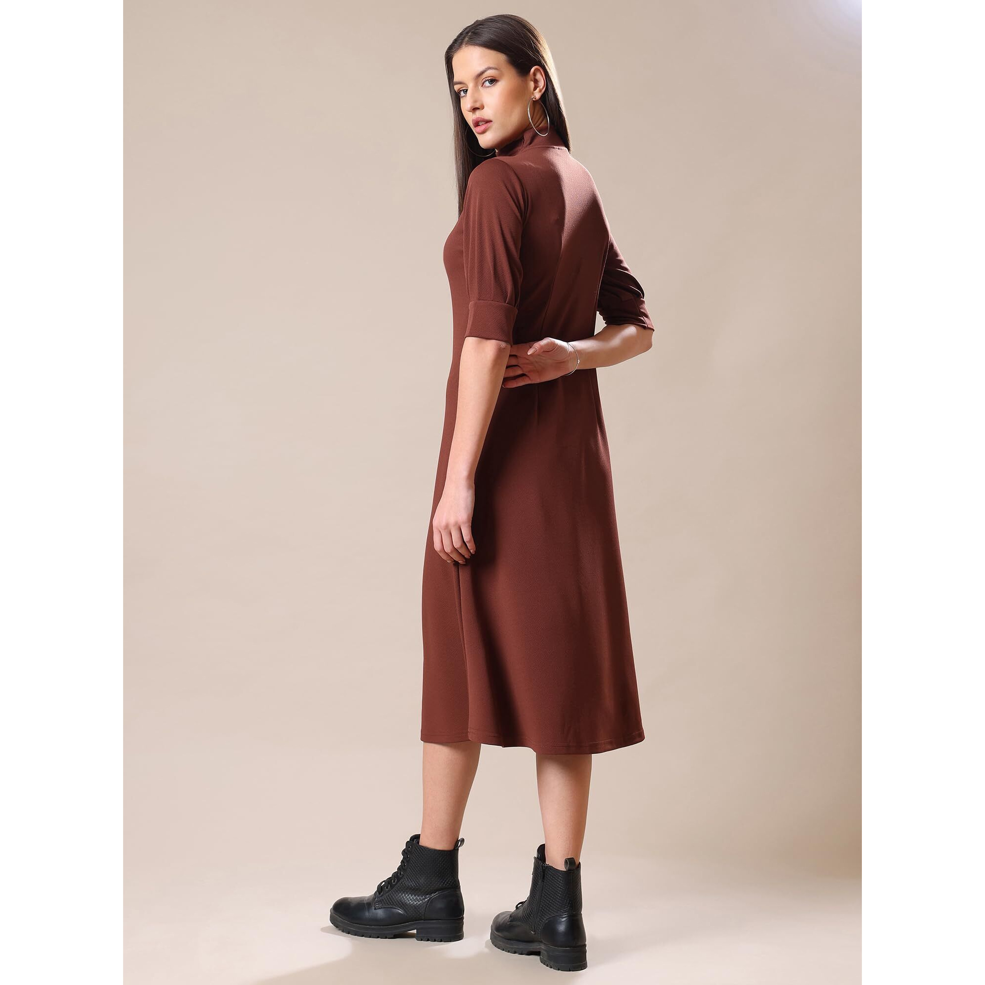 Purvaja Womens A-Line Knee Length Dress (Bely-129_Brown_Medium)