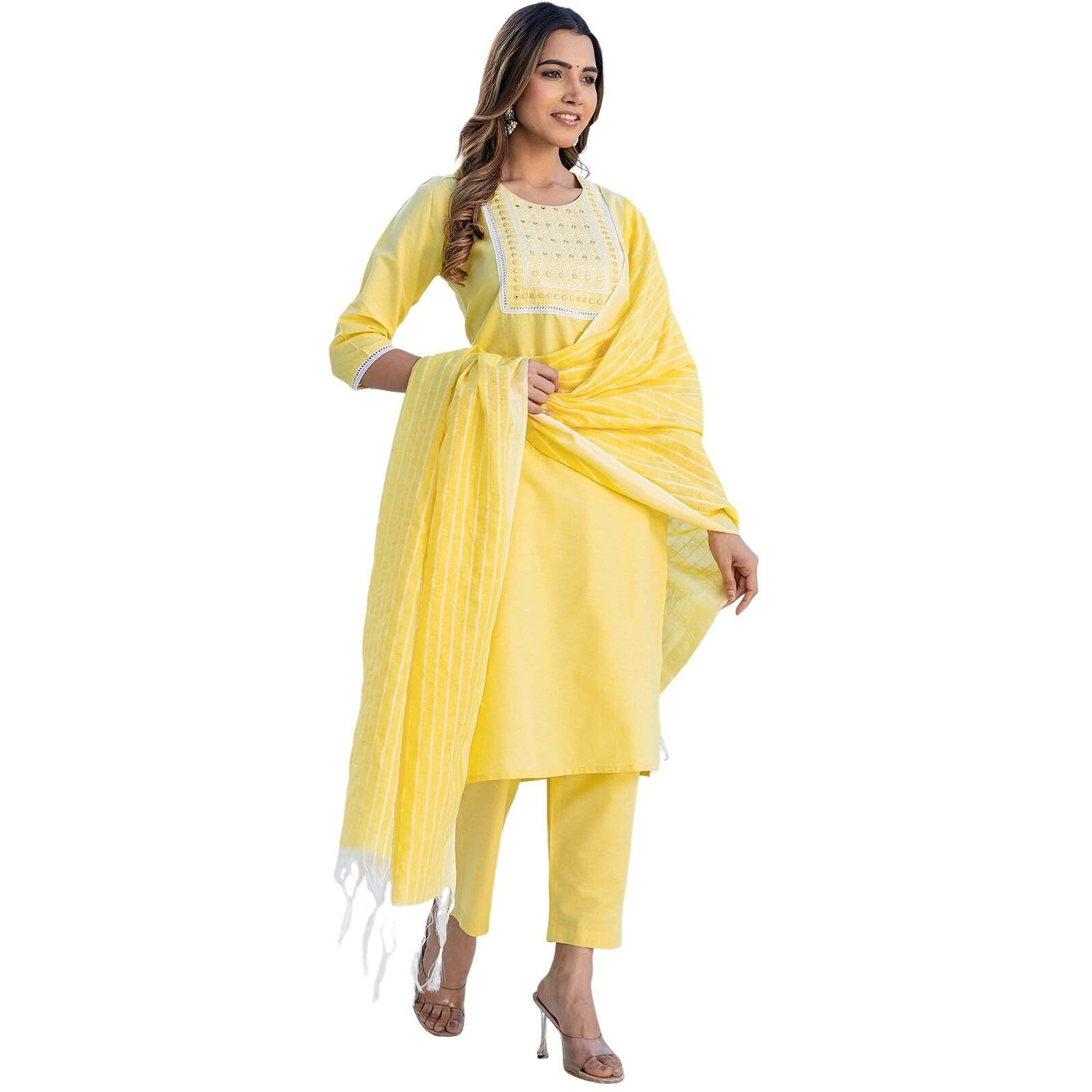 Sanisa Womens Cotton Embroidery And Mirror Work Straight Kurta With Pant And Dupatta Set (285Kbd2983N-L_Light Yellow)
