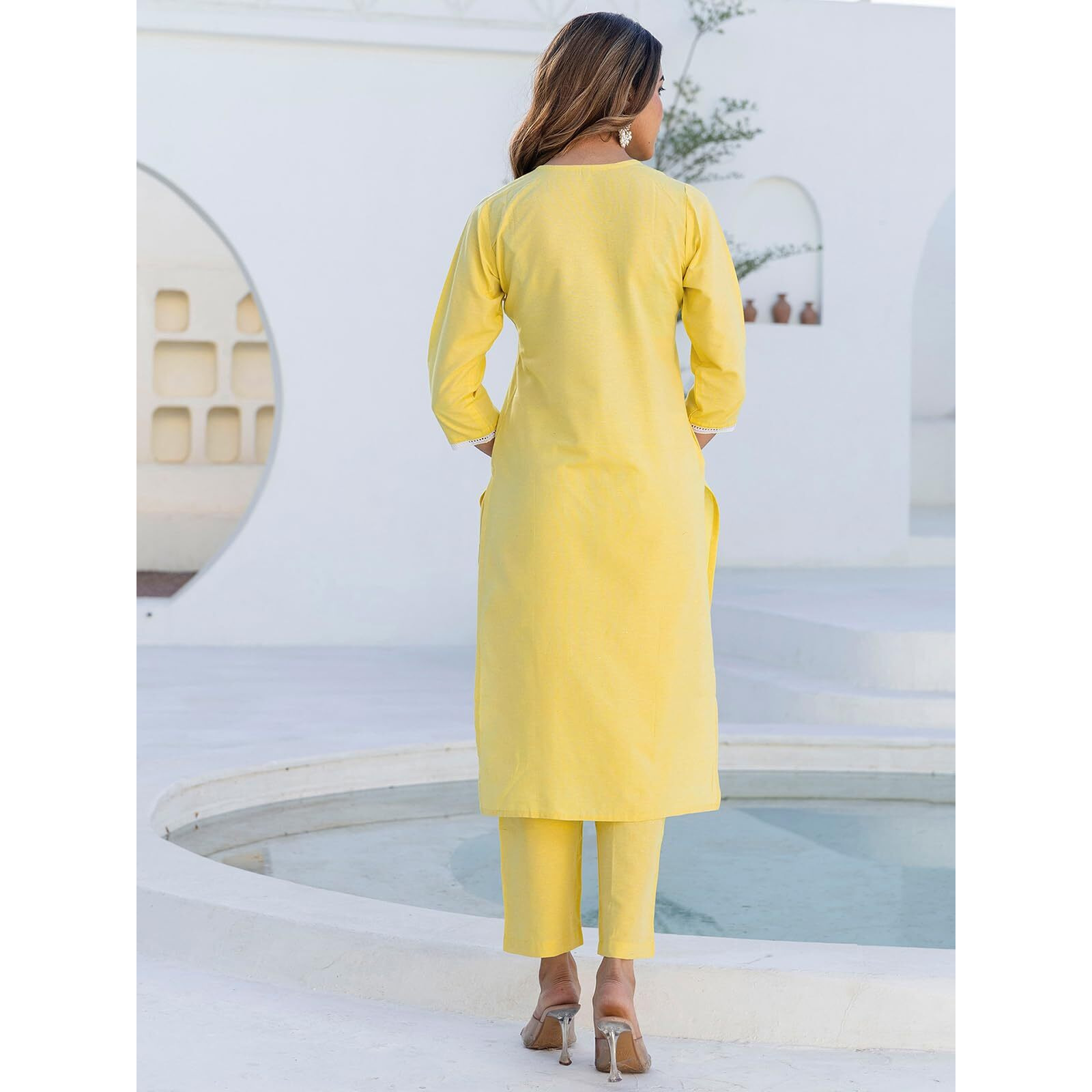 Sanisa Womens Cotton Embroidery And Mirror Work Straight Kurta With Pant And Dupatta Set (285Kbd2983N-L_Light Yellow)