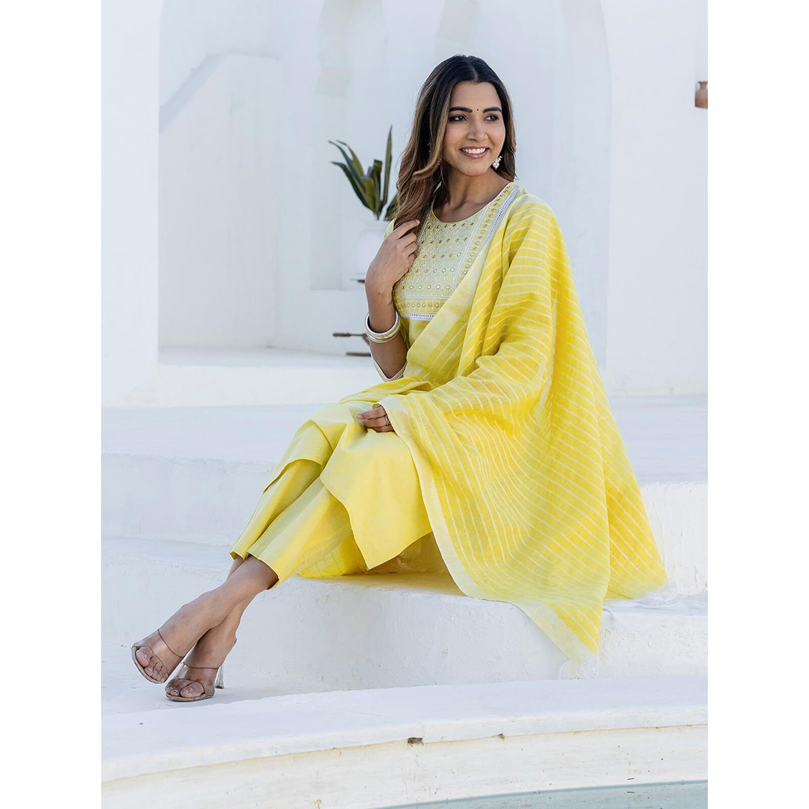 Sanisa Womens Cotton Embroidery And Mirror Work Straight Kurta With Pant And Dupatta Set (285Kbd2983N-L_Light Yellow)