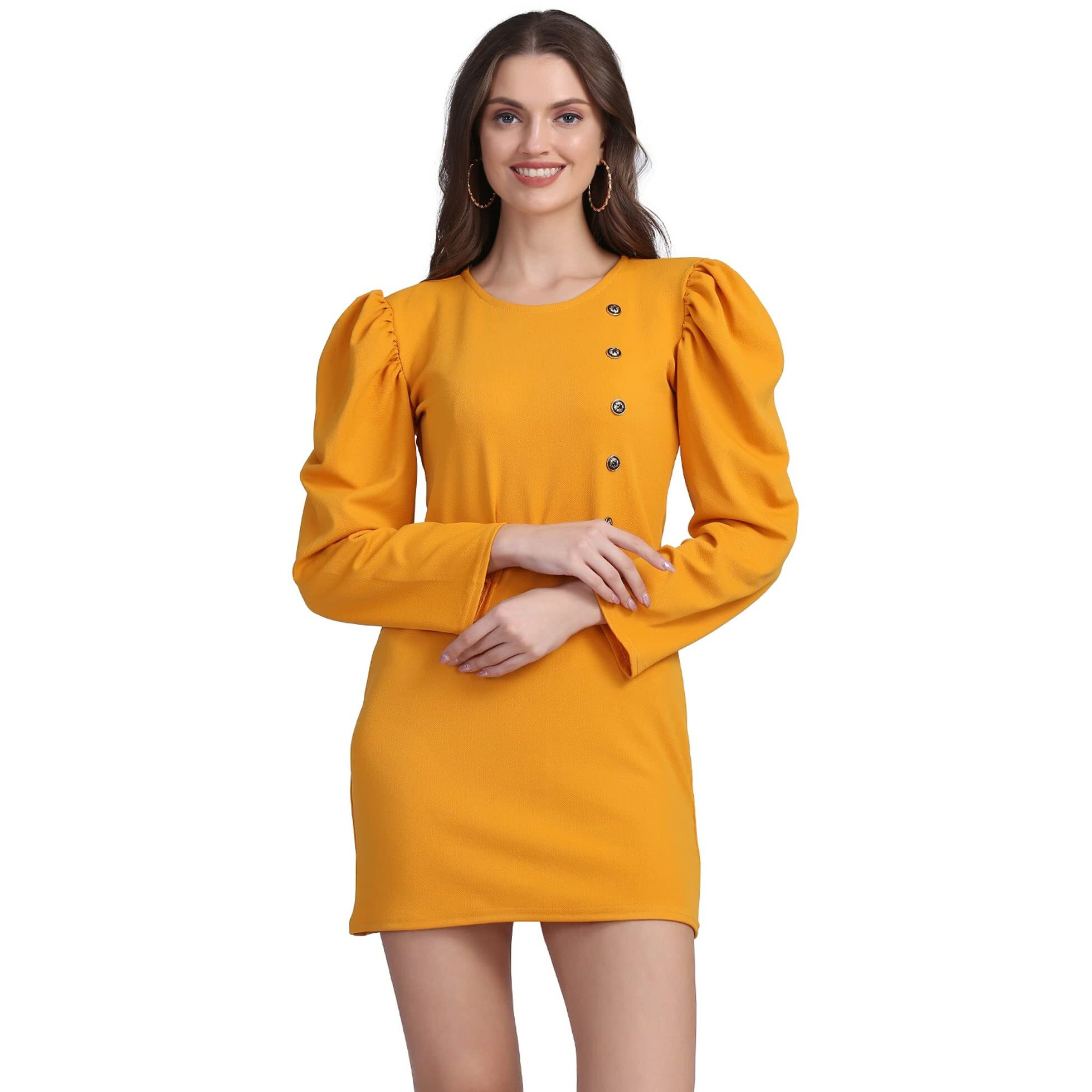 Shasmi Womens Comfortable Mustard Round Neck Full Sleeve Solid Midi Bodycon Casual Western Stylish Dress For Womens/Midi Dress For Girls (Shree Midi 13 Mustard M)