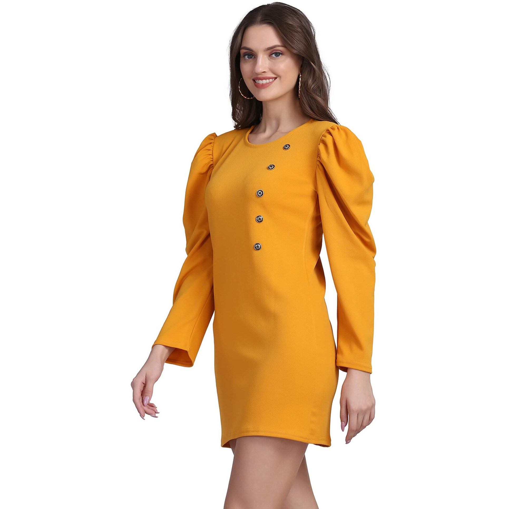 Shasmi Womens Comfortable Mustard Round Neck Full Sleeve Solid Midi Bodycon Casual Western Stylish Dress For Womens/Midi Dress For Girls (Shree Midi 13 Mustard M)