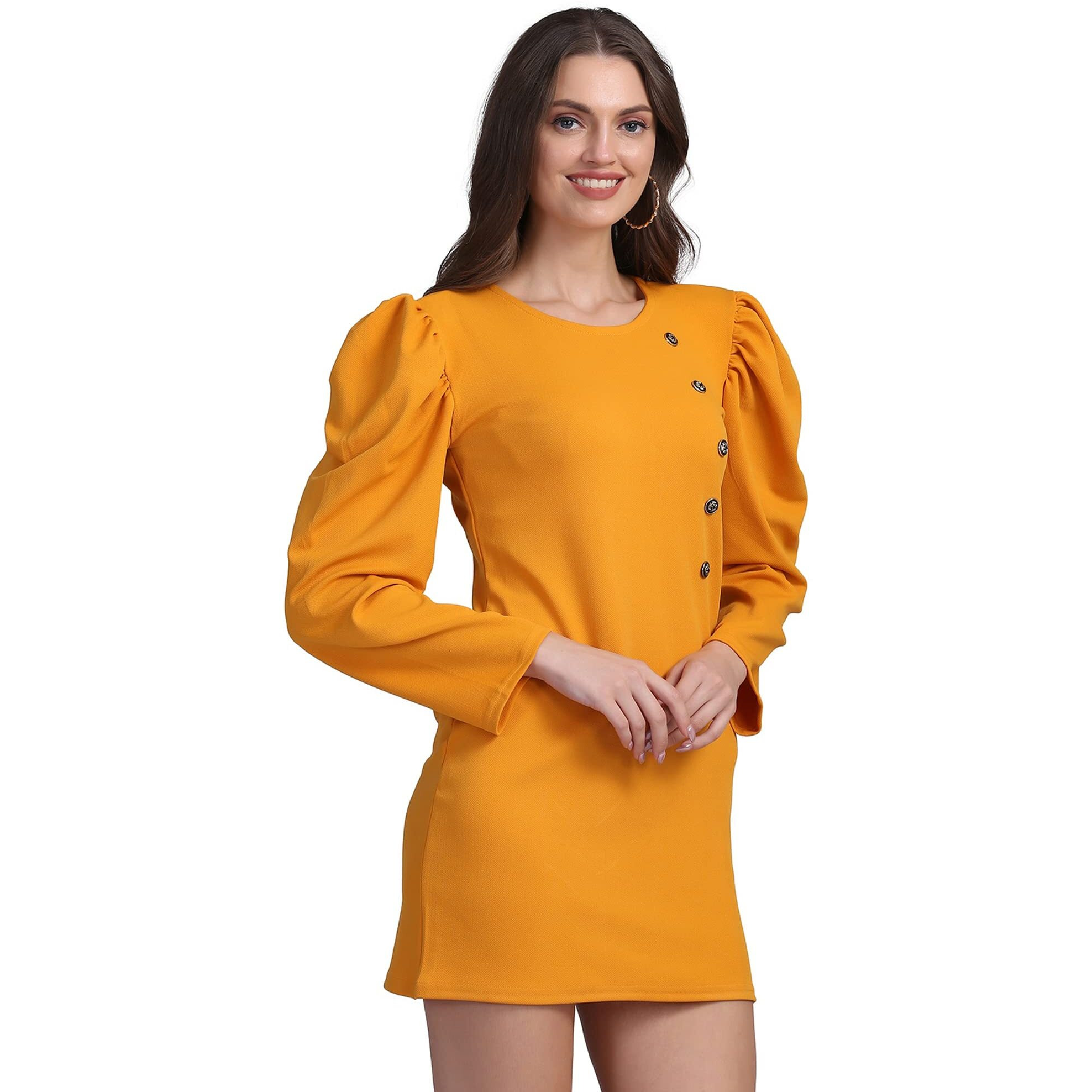 Shasmi Womens Comfortable Mustard Round Neck Full Sleeve Solid Midi Bodycon Casual Western Stylish Dress For Womens/Midi Dress For Girls (Shree Midi 13 Mustard M)