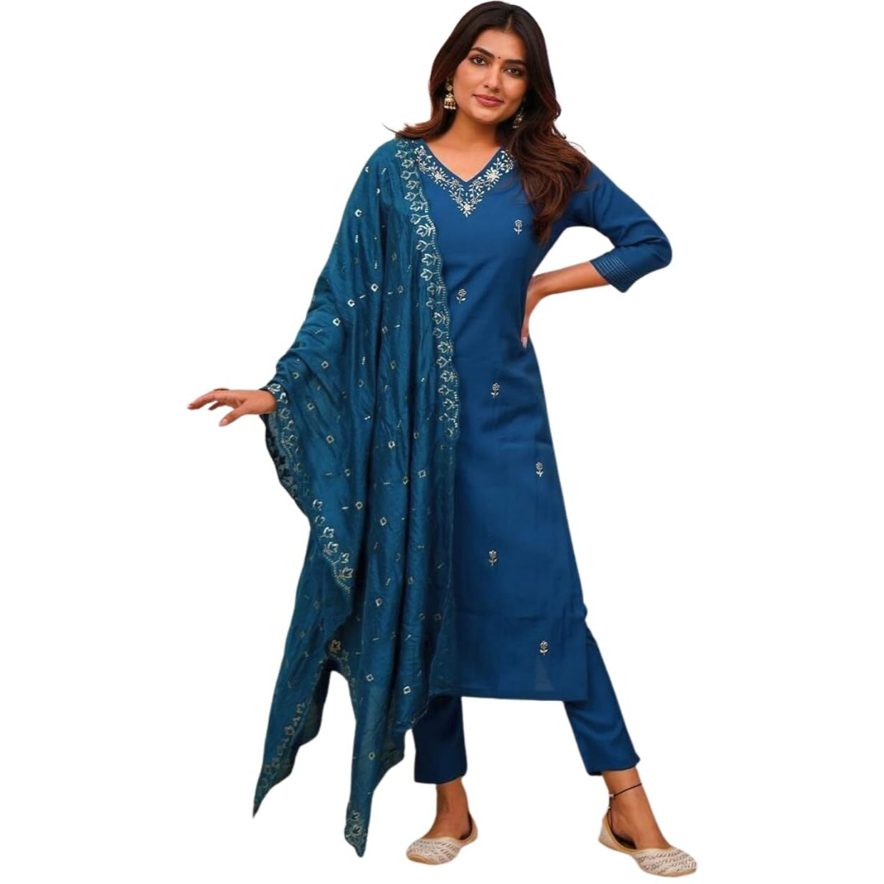 Shiv Textiles Womens Chanderi Silk Embroidered Kurta Pant Dupatta Set(Jda-Zarana-Blue-L)