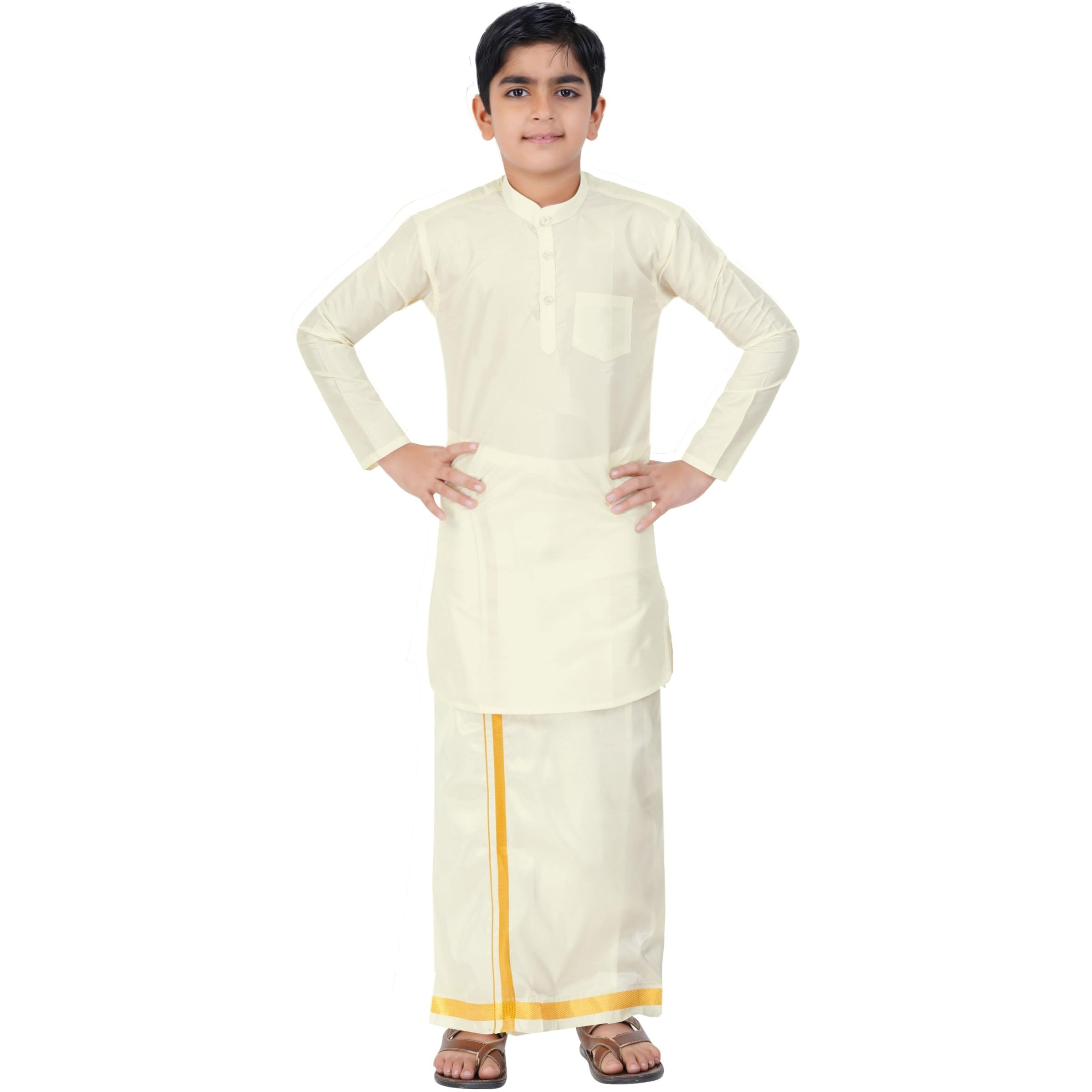 Prakasam Cotton Boys Cream Art Silk Long Sleeve Kurtha With Stitched Art Silk Cream Dhoti For Boys