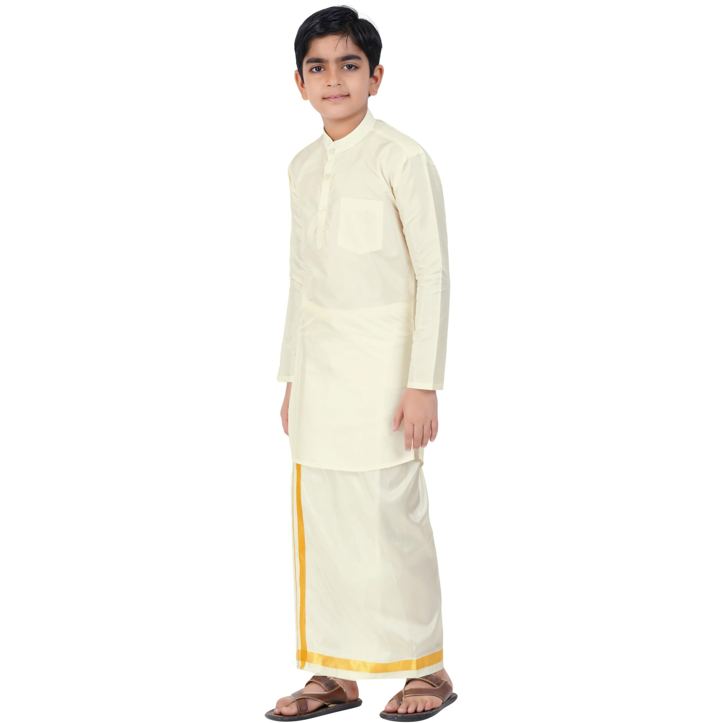 Prakasam Cotton Boys Cream Art Silk Long Sleeve Kurtha With Stitched Art Silk Cream Dhoti For Boys